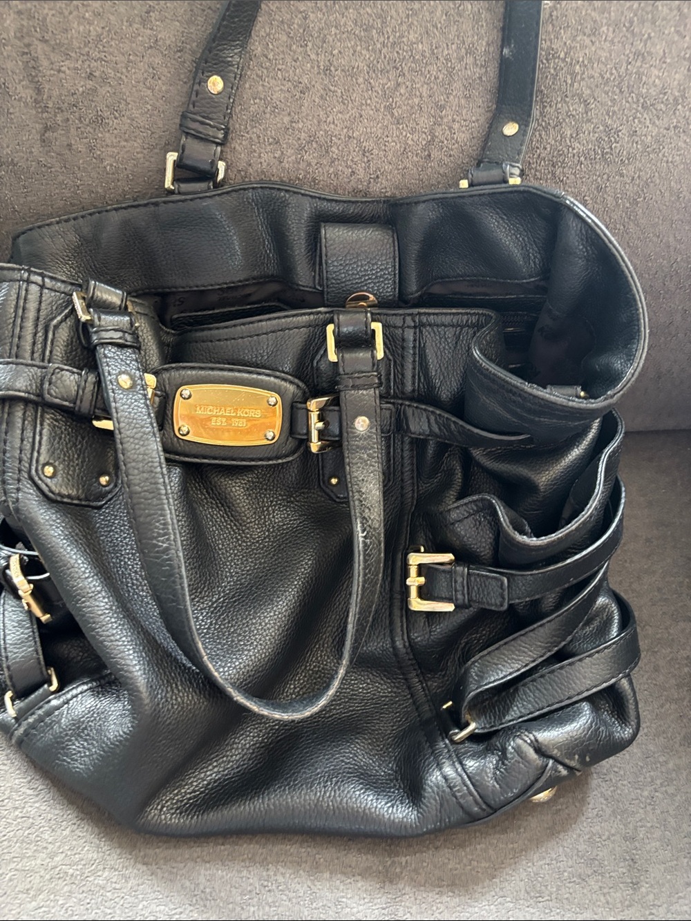 Michael Kors Black Leather Shoulder Bag with Gold Hardware